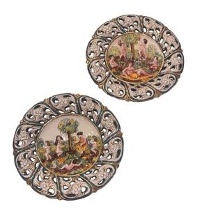 Vintage 50's Capodimonte Italy Cherub Wall Plates Reticulated Gold Gilt Set of 2